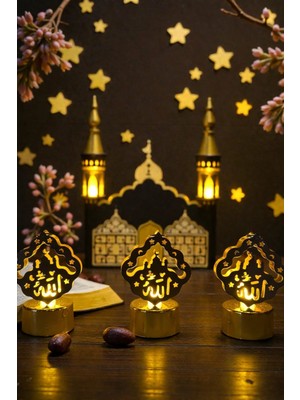 Peanelife Ramazan  Üçlü Set Dekoratif Pilli LED Işıklı Allah Yazılı Masa Lambası