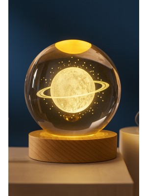 PremiumPort Satürn Figürlü Ahşap ve Kristal Küre, LED Işıklı Romantik Dekor