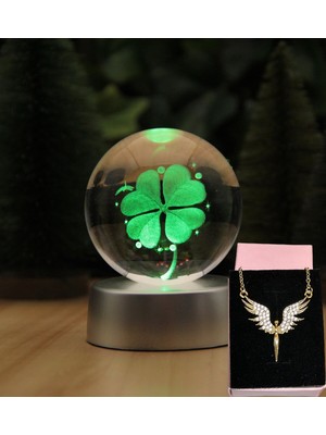 PremiumPort 4 Yapraklı Yonca 3D Kristal Cam Işıklı Küre ve Kolye Seti