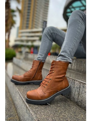 Zapatos CH009 Military Erkek Spor Günlük Bağcıklı ve Fermuarlı Cilt Bot Cst - Taba
