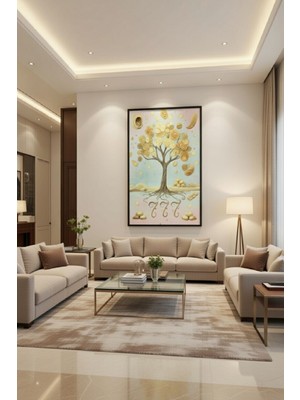 Safir Design Lüks Gold ve Mavi Bolluk Ağacı Duvar Sanatı | Modern Çerçeveli Tablo