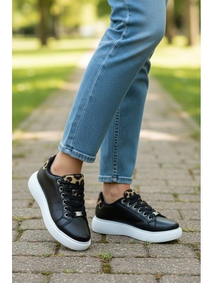 KAFKASLAR AYAKKABI Düz Kalın Ortopedik Taban Leopar Desen Kadın Sneaker Spor Ayakkabı