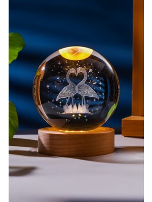 PremiumPort 3D Kuğu Cam Kristal Küre Gece Lambası USB Ahşap Tabanlı Dekorasyon