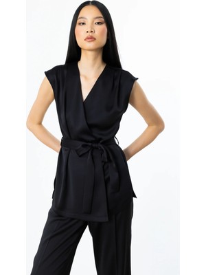 Ekol Tek Düğmeli Kuşaklı Kadın Siyah Yelek 04158