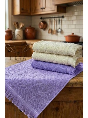 Hera Textile Beyaz-Mor 4'lü 30x50 cm El ve Yüz Havlu Seti Mutfak Havlusu