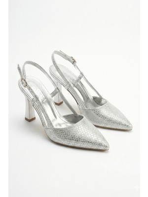 Divolya Semiras Gümüş Pul Desenli Yanları Açık ( 9 cm Topuklu ) Sivri Burun Topuklu Ayakkabı