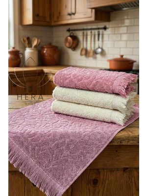 Hera Textile 4 Adet Gülkurusu-Beyaz El, Yüz ve Mutfak Havlusu Seti Pamuklu 30X50 cm
