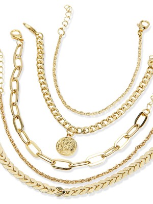 Klips Toptan Madalyon Detay Beşli Kombin Bileklik