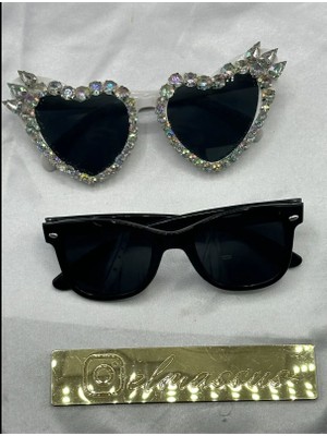 E Elmas Komple Kristal Taşlı Kalpli Gözlük Düğün Nişan Söz (2 Adet )