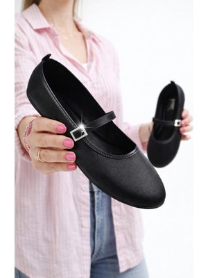 Nmoda Siyah Kristal Taşlı Bantlı Saten Babet