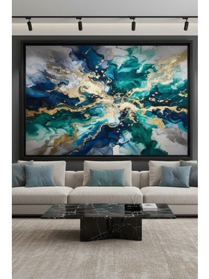 Safir Design Lüks Gold ve Lacivert Mermer Efektli Duvar Sanatı | Modern Çerçeveli Tablo