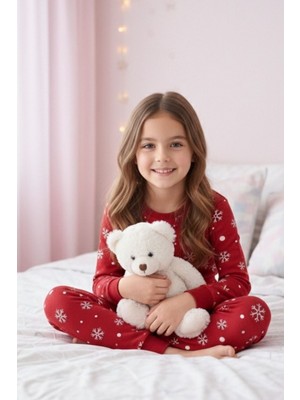 Dofi Kız Çocuk Kırmızı Süpersoft Pijama Takımı – Penguen ve Kar Desenli