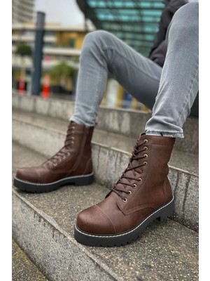 Zapatos CH009 Military Erkek Spor Günlük Bağcıklı ve Fermuarlı Cilt Bot Cst - Kahverengi