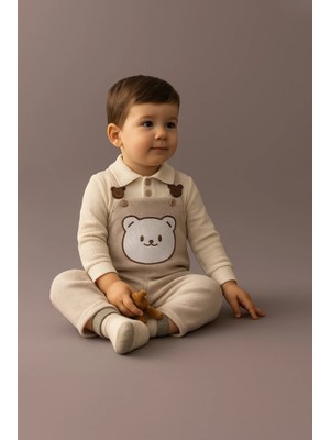 Buufuu Uzun Kollu Askılı Tulum, Sevimli Ayıcık Desenli  Gömlek Yaka Bebek Takımı