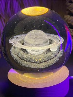 PremiumPort Gezegen Tasarımlı Ahşap ve Cam Küre, Işıklı Dekoratif Hediye