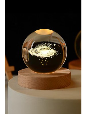 PremiumPort Kristal Küre Gece Lambası, Galaksi Modeli, Usb, Ahşap Tabanlı, 3D LED Işıklı
