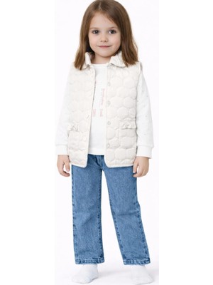 İrem Çocuk Giyim Kız Çocuk Kapitone Mikro Çıtçıt Kapama Yelekli Taş Baskılı Sweat Kot Pantolon Üçlü Takım