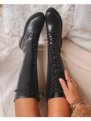 Miss Zülüf Uzun Bot Çizme Postal Siyah Cilt Dış Materyal ile Şık ve Rahat Kullanım