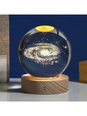 PremiumPort Samanyolu Galaksi Toz Bulutu LED Işıklı Cam Ay Küre, Ahşap Standlı