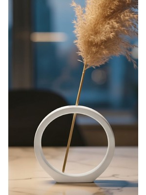 Safir Design Pampaslı Yuvarlak Beyaz Dekoratif Vazo - El Yapımı Taş Tozu Estetik Ev Hediyesi