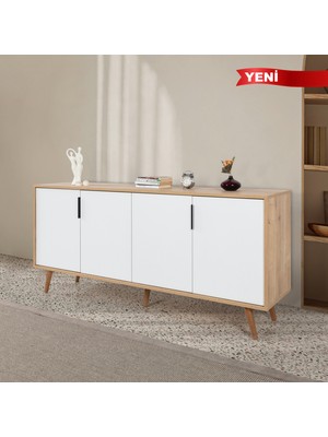 EVMO Home 4815 Sırma Konsol 180 cm ( Ahşap Ayaklı , Metal Kulplu ) , Safir - Beyaz