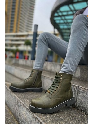 Zapatos CH009 Military Erkek Spor Günlük Bağcıklı ve Fermuarlı Cilt Bot Cst - Haki
