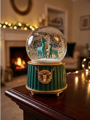 PremiumPort Geyik Figürlü LED Işıklı Müzikli Kar Küresi, Eğlenceli Masaüstü Dekor