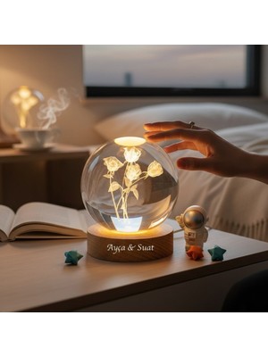 PremiumPort Işıklı Cam Küre Içinde Güller, Sevgililer Günü Özel, 8cm