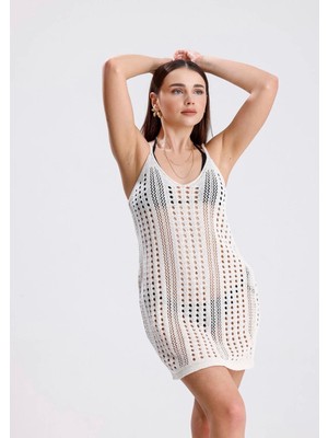 Yuga Knitting Triko Askılı Ajurlu Delikli Desen Yazlık Elbise Plaj Elbisesi