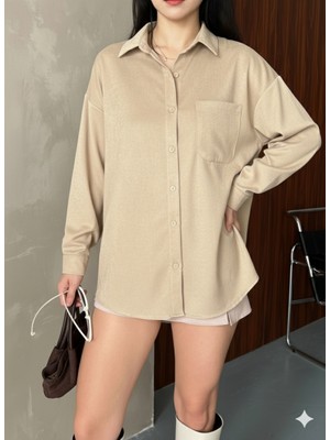 Ribana Classic Kadın Oversize Süet Büyük Beden Uzun Kollu Düğmeli Tek Cepli Gömlek 4962
