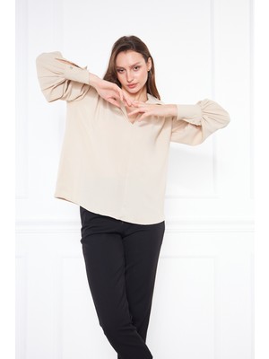 Comstar Kadın Trend Balon Kol Oversize Krem Şık Bluz Gömlek