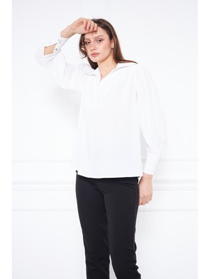Comstar Kadın Trend Balon Kol Oversize Beyaz Şık Bluz Gömlek