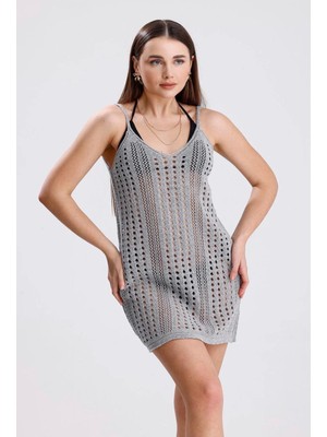 Yuga Knitting Triko Askılı Ajurlu Delikli Desen Yazlık Elbise Plaj Elbisesi