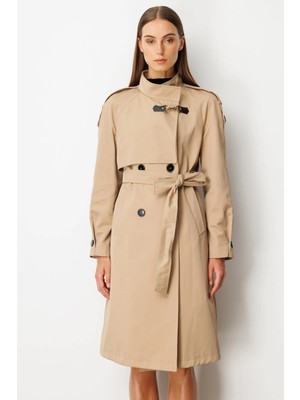 Ekol Dik Yaka Beli Kuşaklı Camel Rengi Trençkot 07003