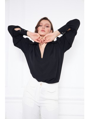 Comstar Kadın Trend Balon Kol Oversize Siyah Şık Bluz Gömlek