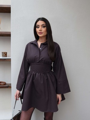 Esra Helvacı Gömlek Yaka Bağlamalı Ekose Elbise