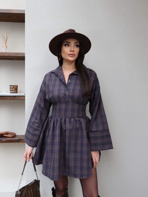 Esra Helvacı Gömlek Yaka Bağlamalı Ekose Elbise