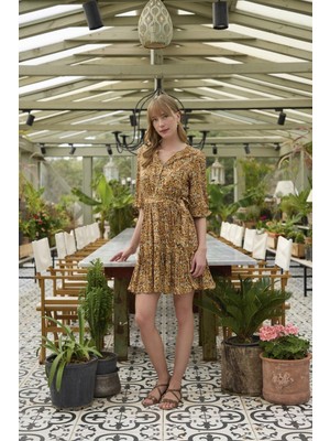 Civetta %100VISKON Çiçek ve Yaprak Desenli Kuşaklı Elbise