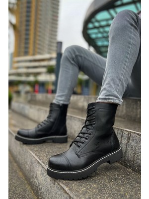 Zapatos CH009 Military Erkek Spor Günlük Bağcıklı ve Fermuarlı Cilt Bot Cst - Parlak Siyah