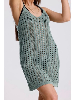 Yuga Knitting Triko Askılı Ajurlu Delikli Desen Yazlık Elbise Plaj Elbisesi