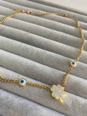 Pink Çelik Yonca ve Nazar Boncuklu Kolye