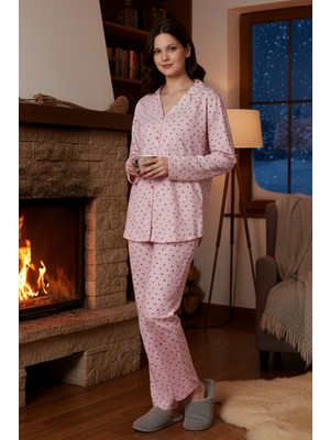 Remsa Kadın Kalp Desen Önü Düğmeli Suprem Pijama Takımı 0541 PEMBE09