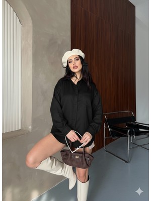 Ribana Classic Kadın Oversize Süet Büyük Beden Uzun Kollu Düğmeli Tek Cepli Gömlek 4962