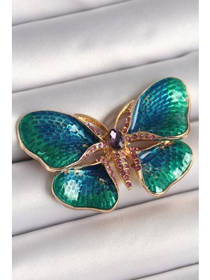 Vice Avm Pirinç Gold Renk Turquaz Model Zirkon Taş Detaylı Kelebek Model Kadın Broş - TJ-BR429 TG-V 8690