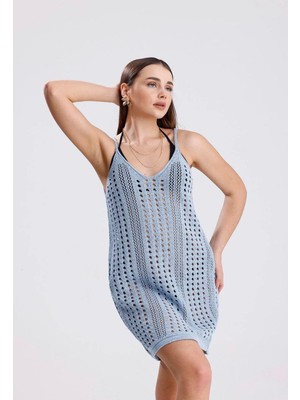 Yuga Knitting Triko Askılı Ajurlu Delikli Desen Yazlık Elbise Plaj Elbisesi