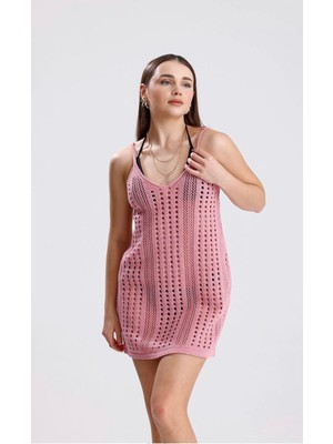 Yuga Knitting Triko Askılı Ajurlu Delikli Desen Yazlık Elbise Plaj Elbisesi