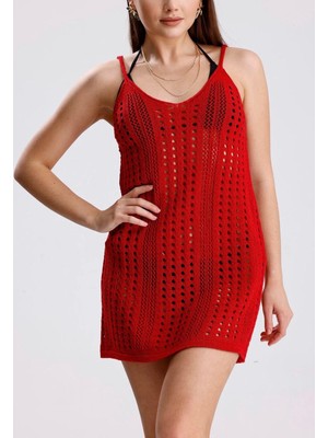 Yuga Knitting Triko Askılı Ajurlu Delikli Desen Yazlık Elbise Plaj Elbisesi