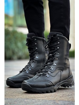 Zapatos CH051 Scalatore Erkek Spor Günlük Bağcıklı ve Fermuarlı Cilt Askeri Postal Bot Cst - Siyah