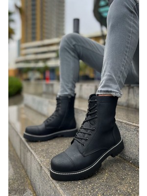 Zapatos CH009 Military Erkek Spor Günlük Bağcıklı ve Fermuarlı Cilt Bot Cst - Mat Siyah