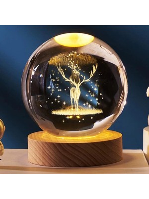 PremiumPort Aydınlatmalı Geyik Tasarımlı Ahşap ve Cam Küre, Büyük Boy, Şık Dekorasyon